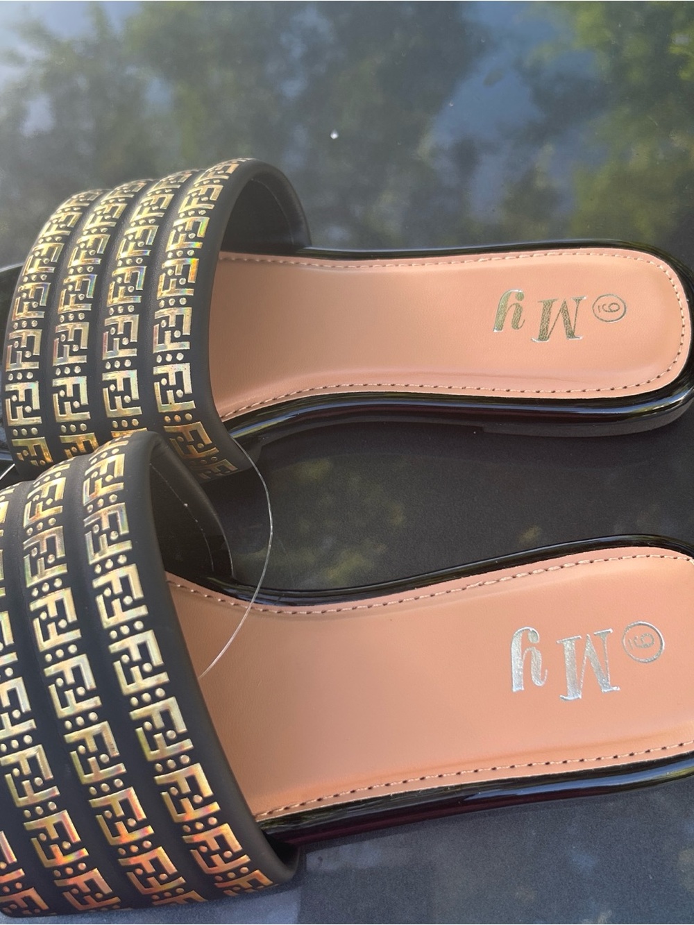 MY Black Slide Mules with Gold Accent Pattern